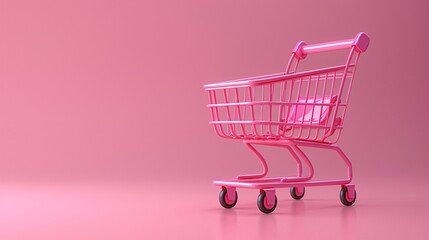 Pink shopping cart on a pastel pink background. Minimalist concept emphasizing modern retail, shopping, and consumerism in vibrant colors.