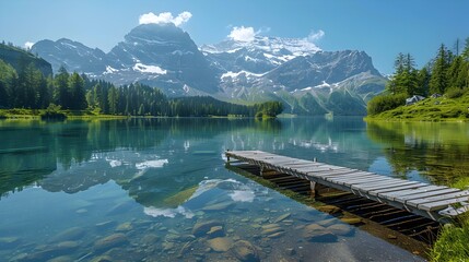 Tranquil Mountain Lake with Wooden Dock Reflecting Majestic Peaks Surrounded by Lush Evergreen Forests Showcasing the Serene Beauty of Nature