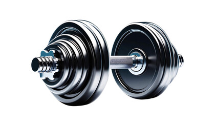 An adjustable dumbbell on a transparent background. The dumbbell is a simplified design with shiny black and silver weight