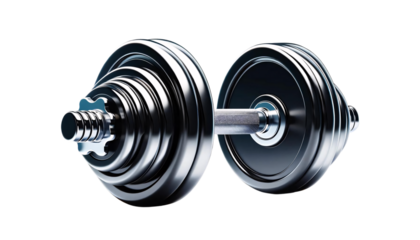 An adjustable dumbbell on a transparent background. The dumbbell is a simplified design with shiny black and silver weight