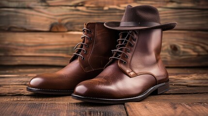 Men s brown leather boots and hat displayed on a wooden surface