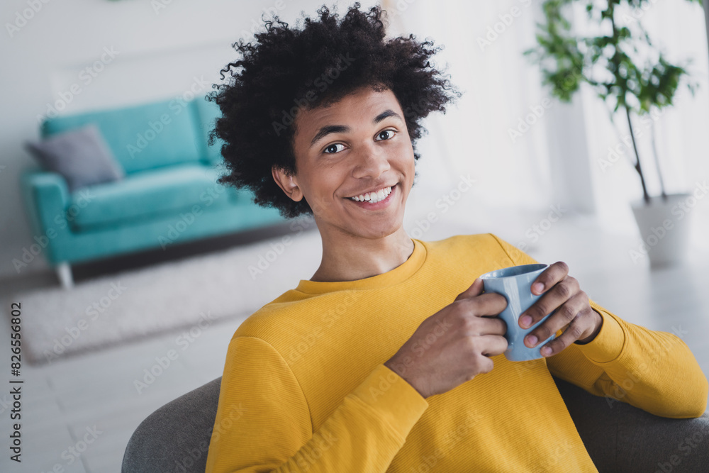 Canvas Prints photo of cheerful nice young man enjoying morning day weekend comfortable room indoors