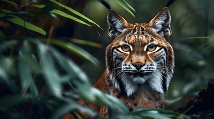Fototapeta premium Sharp Eyes of a Majestic Lynx Peering Through the Dense Forest