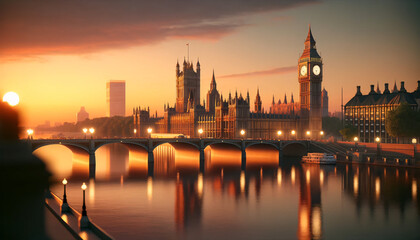 Naklejka premium London's iconic landmarks at sunset, including the Houses of Parliament, Big Ben, and Westminster Bridge