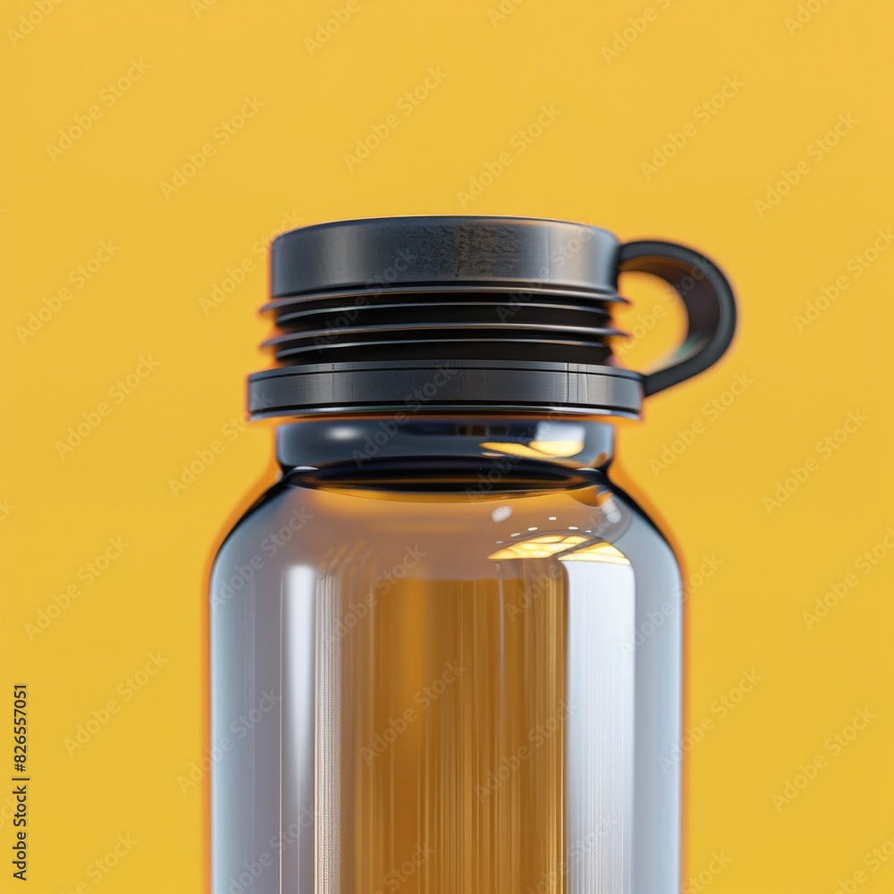 Poster illustrate a detailed, close-up rendering of a sleek reusable water bottle made from recycled materi