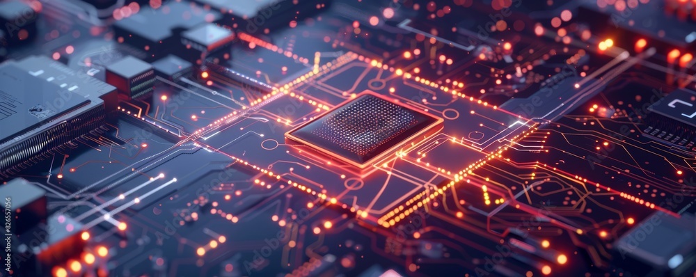 Poster design a futuristic quantum computing chip, featuring complex circuitry and glowing elements, render