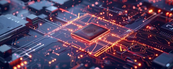 Obraz premium Design a futuristic quantum computing chip, featuring complex circuitry and glowing elements, rendered in a sleek digital style