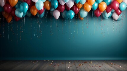 Decorative balloons and streamers, highlighting party vibes copy space, theme of excitement, vibrant, composite, event hall backdrop