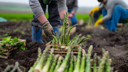Close-up image of a farmer's hands with gloves picking fresh green asparagus and placing it into a wooden crate, showcasing the farming process