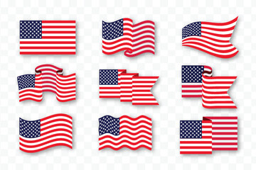 Collection waving flags of the United States of America. Illustration of wavy American Flags. National symbol. Vector illustration
