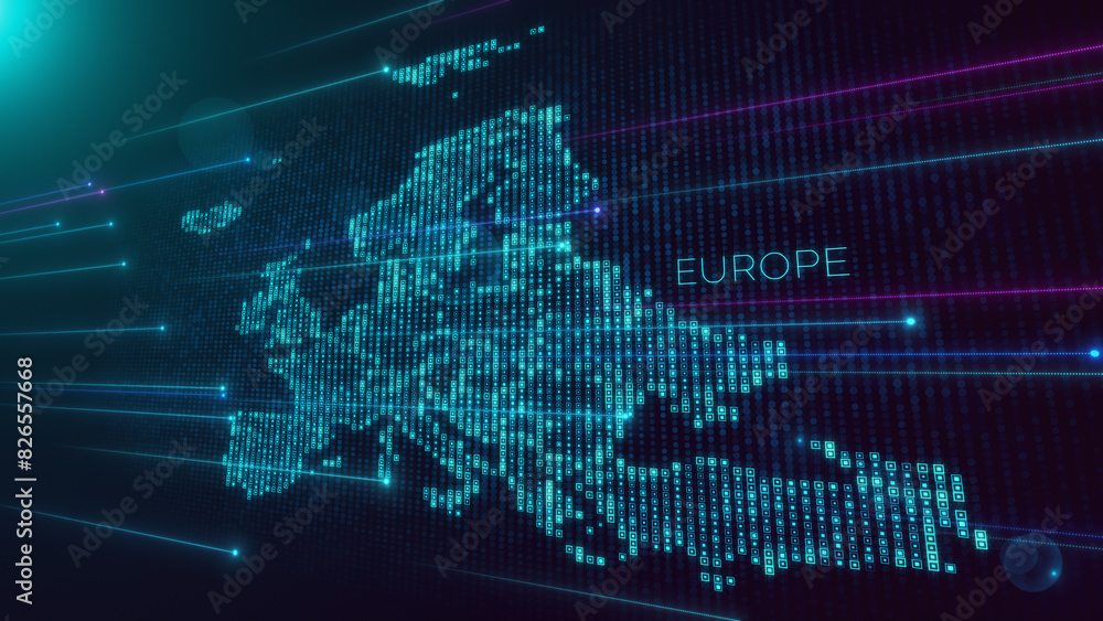 Poster abstract futuristic blue violet shiny perspective square hud particles mosaic grid and text of europ
