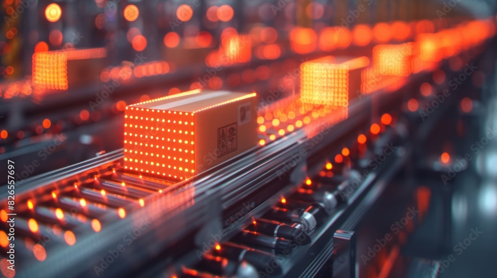 Poster a conveyor belt transporting a box in a factory setting