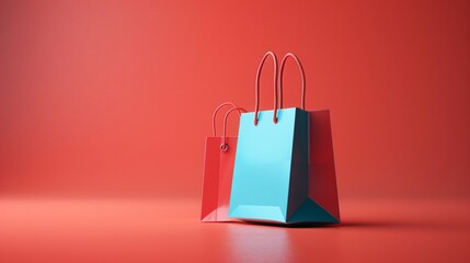 Two colorful shopping bags on a vibrant red background, ideal for retail, shopping, or marketing-related concepts and designs.