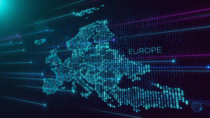 Abstract Futuristic Blue Violet Shiny Perspective Square Hud Particles Mosaic Grid And Text Of Europe Region Map With Dotted Lines Light Flare