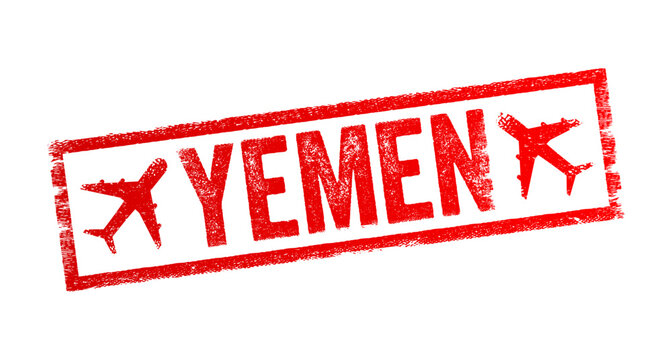 Yemen is a sovereign state in West Asia, located in the southern Arabian Peninsula, text emblem stamp with airplane