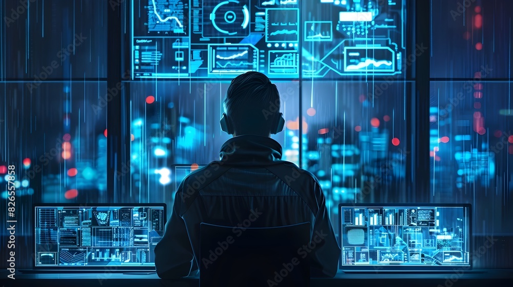 Poster cybersecurity expert monitoring advanced digital security system in high tech environment