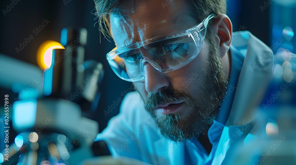 Poster scientist utilizing advanced microscope in cutting edge laboratory for innovative research and groun