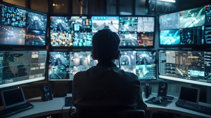 Cybersecurity Expert Monitoring Digital Security Systems in High Tech Command Center