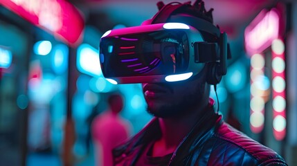 Naklejka premium Immersive Virtual Reality Gaming Experience with Advanced Futuristic Headset in Inspired Digital Landscape