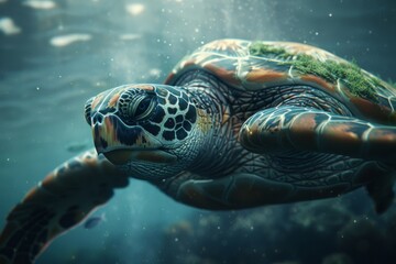 Fototapeta premium Illustrate the majestic grace of a sea turtle swimming gracefully in a photorealistic, CG 3D rendering Bring out the intricate details of its shell and wise eyes