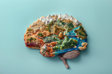 Human brain in the form of a geographical map with various landscapes on green background, concept of neurodiversity and mental problems
