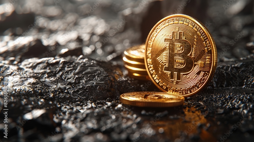 Poster A bitcoin perched on top of a stack of coins, displaying financial value and investment opportunities.