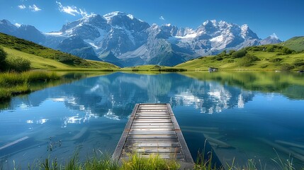 Tranquil Mountain Lake with Reflective Wooden Dock in Serene Nature Landscape