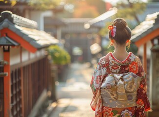 A woman wearing a kimono is walking down a street in Japan