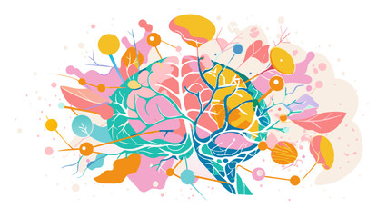 Vibrant Abstract Brain with Floral and Molecular Motifs