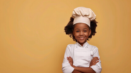 A cute happy smiling young African American black girl dresses like a chef on a plain orange background with copy space for text.