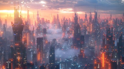 Futuristic Metropolis Skyline at Dusk with Glowing Skyscrapers and Advanced Transportation Systems
