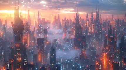 Fototapeta premium Futuristic Metropolis Skyline at Dusk with Glowing Skyscrapers and Advanced Transportation Systems