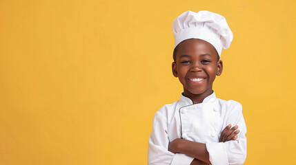A cute happy smiling young African American black boy dresses like a chef on a plain yellow background with copy space for text.