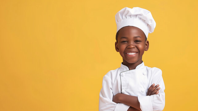 A cute happy smiling young African American black boy dresses like a chef on a plain yellow background with copy space for text. - Powered by Adobe
