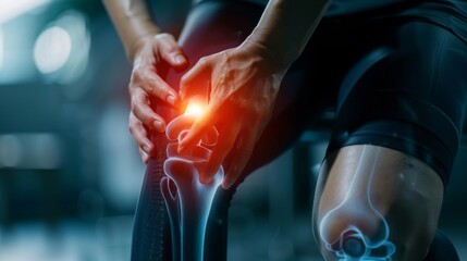 Close-up of a person knee in pain, overlaid with a red hologram outline and bone pain chart