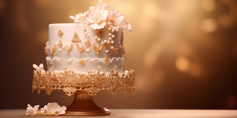 A glamorous pearl and lace birthday cake with intricate detailing, against a brilliant background, photographed in HD.