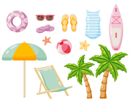 Summer vacation tropical beach set. Set of isolated elements on white background. Sunbed with umbrella, palm trees, sup board, sunglasses and swimming suit. Flat style vector illustration.