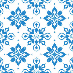 An elegant pattern featuring symmetrical snowflakes in royal blue, arranged on a white background for clipart or printmaking with traditionally inspired motifs. The design should have clean lines and 