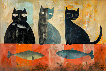 Retro and abstract illustration with 3 cats and fish