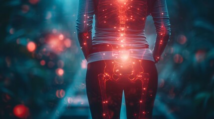 Close-up of a person lower back in pain, overlaid with a red hologram outline and bone pain chart