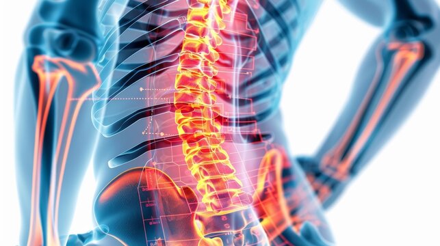 Close-up of a person lower back in pain, overlaid with a red hologram outline and bone pain chart