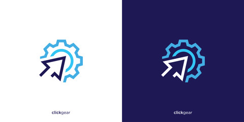 Click Gear Logo Design Template. Vector Illustration of Gear and Arrow, Cursor, for Online Service Registration or Others.