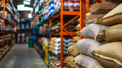 Obraz premium Interior of a warehouse with stacked sacks of goods on shelving, with worker in background overseeing inventory