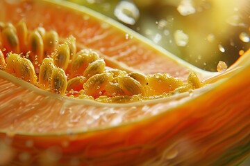 Close-up of a fresh cantaloupe slice with seeds, showcasing vibrant orange flesh and juicy texture amid glistening dew drops.