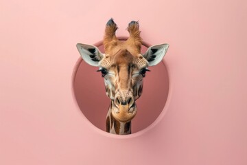 Fototapeta na wymiar Giraffe Peeking Through Pink Hole