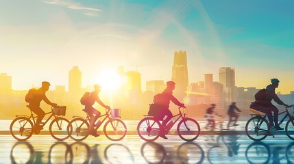 Business professionals commuting to work by bicycle, with cityscape in the background
