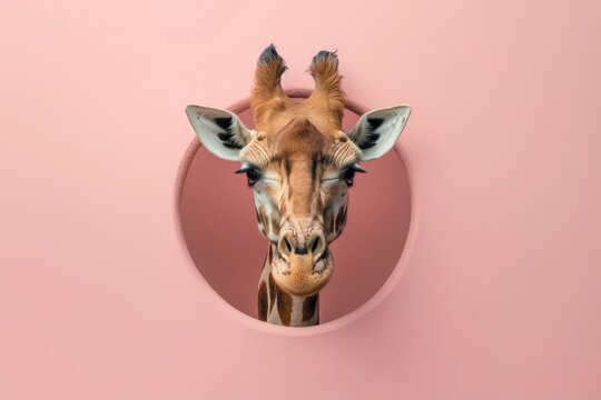 Giraffe Peeking Through Pink Hole