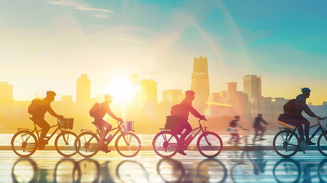 Business professionals commuting to work by bicycle, with cityscape in the background