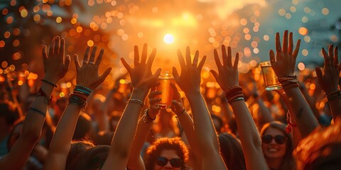 Group of people celebrating at an outdoor festival with hands raised, perfect for event promotions, lifestyle content, and party themes.