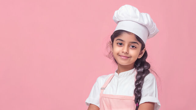 A cute happy smiling young Indian girl dresses like a chef on a plain pink background with copy space for text.